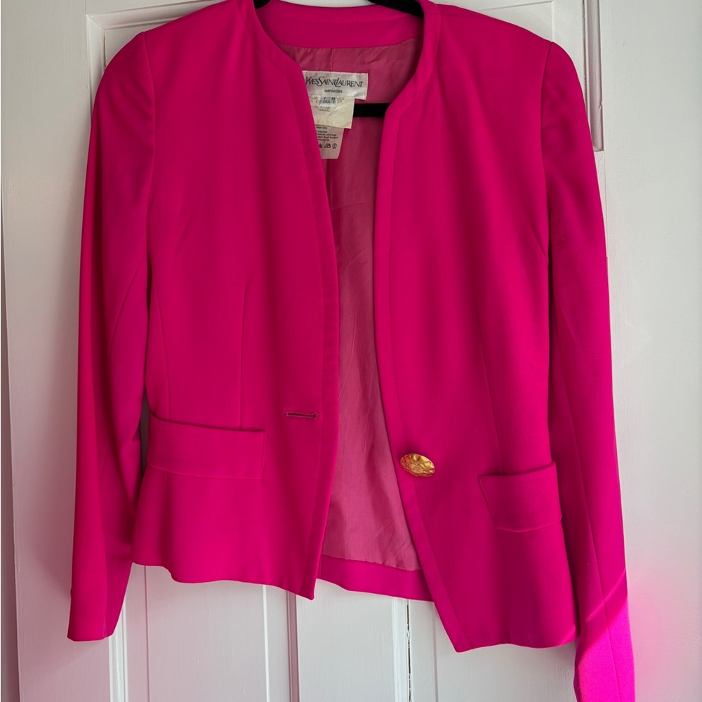 Yves Saint Laurent Hot Pink Collarless Blazer with Gold Button